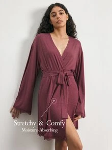 Ocili Women's Minimalist Daily Tie-Front Comfortable Soft Lace Long Sleeve Loungewear Robe Housecoat - Burgundy - View 1