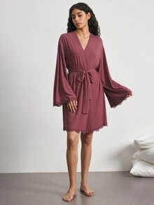 Ocili Women's Minimalist Daily Tie-Front Comfortable Soft Lace Long Sleeve Loungewear Robe Housecoat - Burgundy - View 6