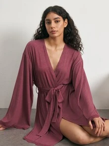 Ocili Women's Minimalist Daily Tie-Front Comfortable Soft Lace Long Sleeve Loungewear Robe Housecoat - Burgundy - View 2