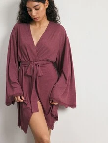 Ocili Women's Minimalist Daily Tie-Front Comfortable Soft Lace Long Sleeve Loungewear Robe Housecoat - Burgundy - View 5
