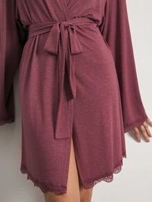 Ocili Women's Minimalist Daily Tie-Front Comfortable Soft Lace Long Sleeve Loungewear Robe Housecoat - Burgundy - View 4