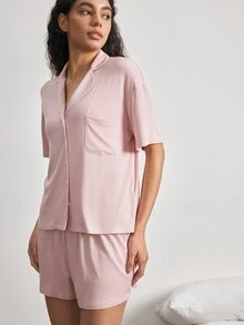 Ocili 女款舒適軟殼鈕扣翻領短袖短褲睡衣套裝 - 粉色 - 查看 4