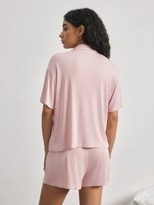 Ocili 女款舒適軟殼鈕扣翻領短袖短褲睡衣套裝 - 粉色 - 查看 3