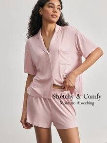 Ocili 女款舒適軟殼鈕扣翻領短袖短褲睡衣套裝 - 粉色 - 查看 1