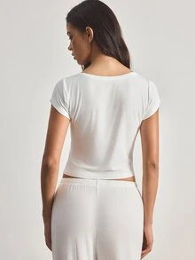 Ocili 女款休閒純色短袖睡衣上衣 - 白色 - 查看 2