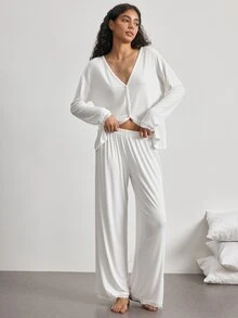 Ocili Conjunto de ropa de estar en casa para mujer minimalista, cómodo y suave, con cuello de encaje, botones tipo concha, manga larga y pantalones - Blanco - Ver 5