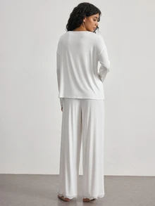 Ocili Conjunto de ropa de estar en casa para mujer minimalista, cómodo y suave, con cuello de encaje, botones tipo concha, manga larga y pantalones - Blanco - Ver 3
