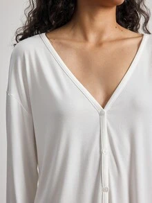 Ocili Conjunto de ropa de estar en casa para mujer minimalista, cómodo y suave, con cuello de encaje, botones tipo concha, manga larga y pantalones - Blanco - Ver 6