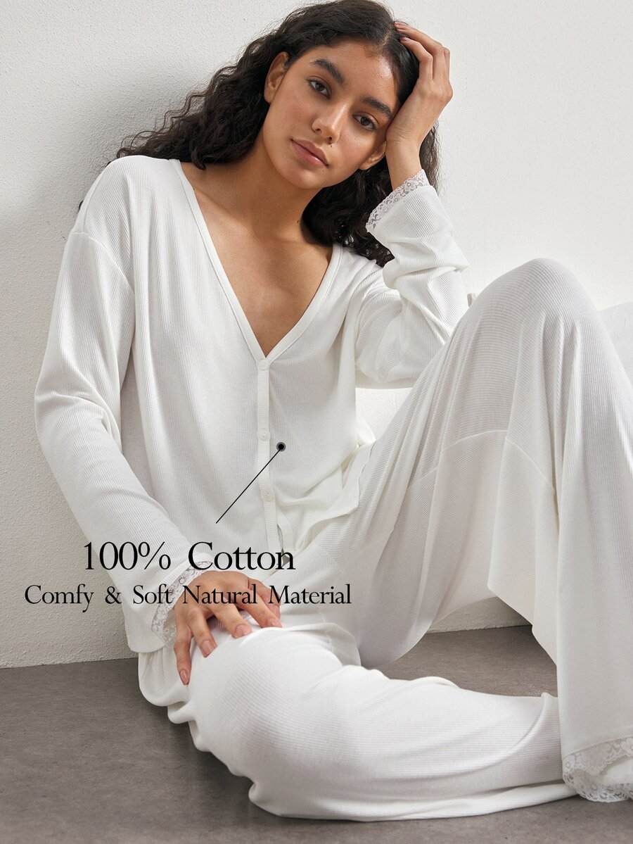 Ocili Conjunto de ropa de estar en casa para mujer minimalista, cómodo y suave, con cuello de encaje, botones tipo concha, manga larga y pantalones - Blanco - Ver 1