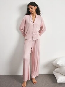 Ocili 女款舒適軟殼鈕扣翻領長袖睡衣套裝附長褲 - 粉色 - 查看 7