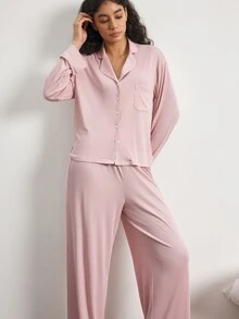 Ocili 女款舒適軟殼鈕扣翻領長袖睡衣套裝附長褲 - 粉色 - 查看 5