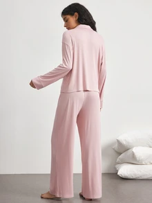 Ocili 女款舒適軟殼鈕扣翻領長袖睡衣套裝附長褲 - 粉色 - 查看 3