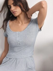 Ocili Women's Spring/Summer Minimalist Fashion Open Front Design Light Gray Ribbed Knit Fabric Pajama Top - Light Grey - View 5
