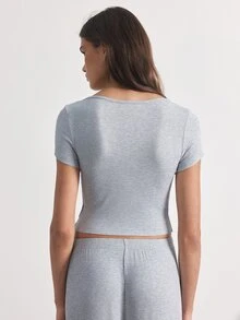 Ocili Women's Spring/Summer Minimalist Fashion Open Front Design Light Gray Ribbed Knit Fabric Pajama Top - Light Grey - View 2