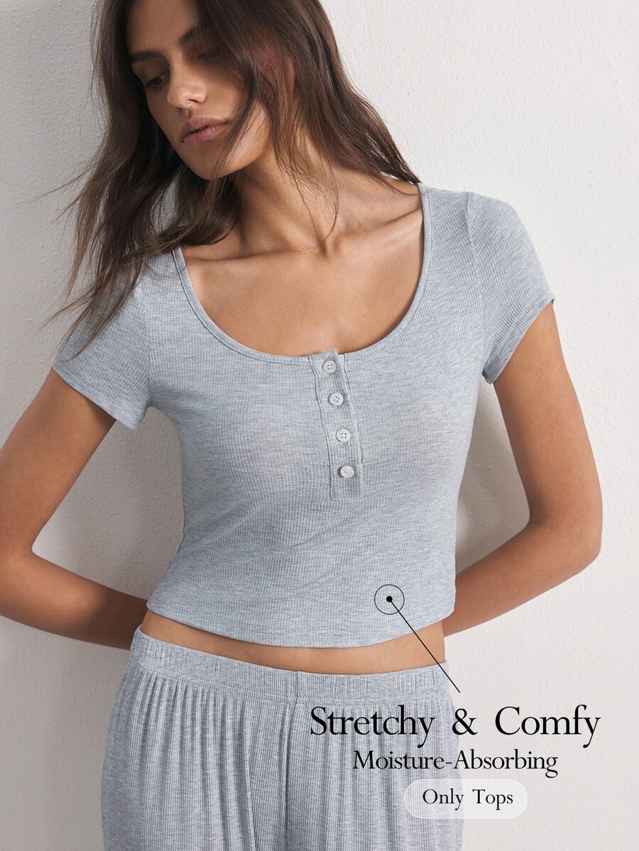 Ocili Women's Spring/Summer Minimalist Fashion Open Front Design Light Gray Ribbed Knit Fabric Pajama Top - Light Grey - View 1
