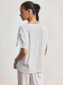 Ocili Women's Spring/Summer Basic Minimalist Deep V-Neck White Knit T-Shirt Loungewear Top - White - View 2