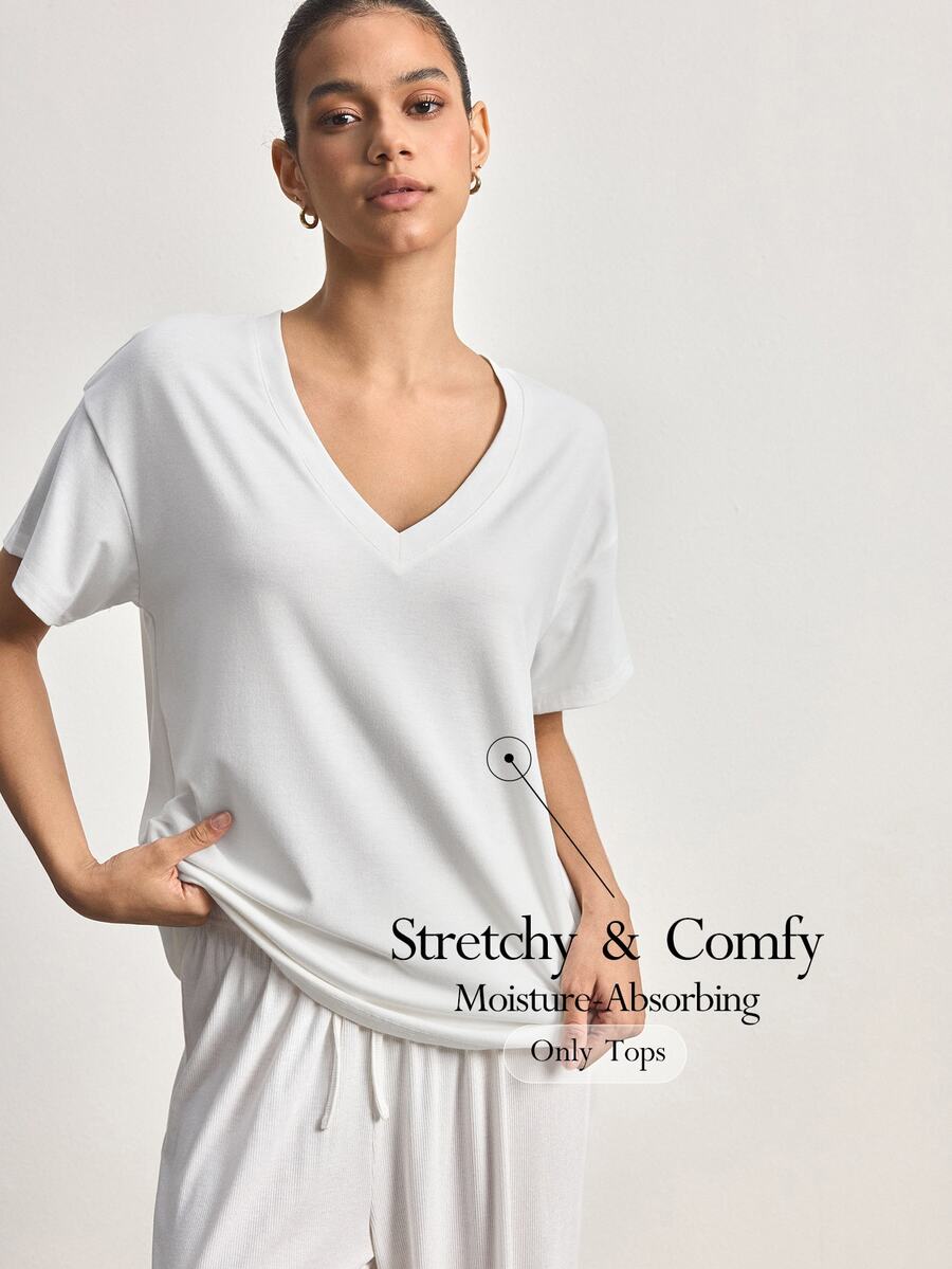 Ocili Women's Spring/Summer Basic Minimalist Deep V-Neck White Knit T-Shirt Loungewear Top - White - View 1