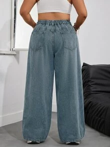 SHEIN PETITE CURVE 大尺碼女款 3D 骨線設計鈕扣半開襟口袋寬鬆直筒牛仔褲 - 藍色 - 查看 2
