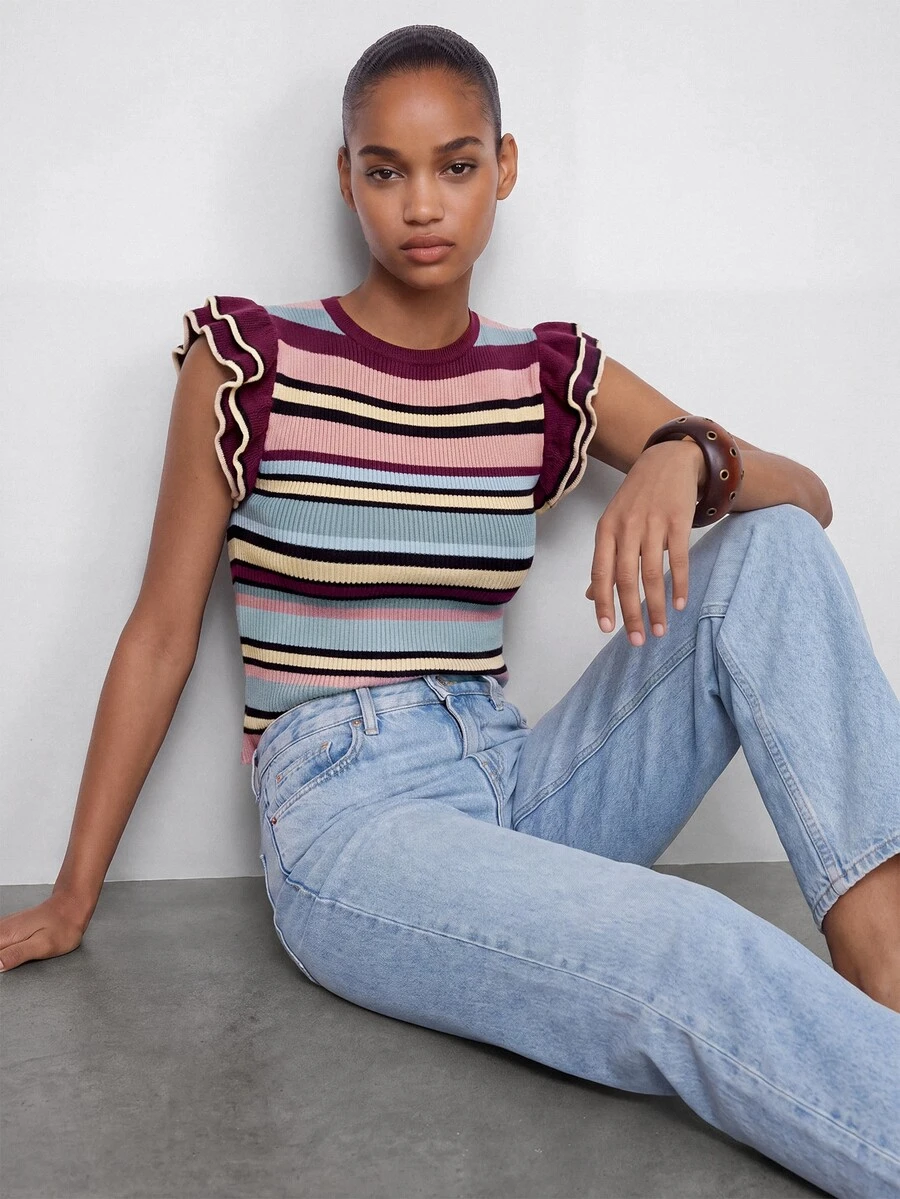 Maija Women's Summer/Autumn Pink Stripe Ribbed Knit Sweater With Flutter Sleeves And Ruffle Trim, French Elegant Office Daytime Everyday High Tea Commute