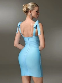 Nuvra Light Blue Sexy High Elastic Bodycon V-Neck Backless Braided Thick Strap Regular Women's Bandage Mini Dress Night Out Summer - Blue - View 2