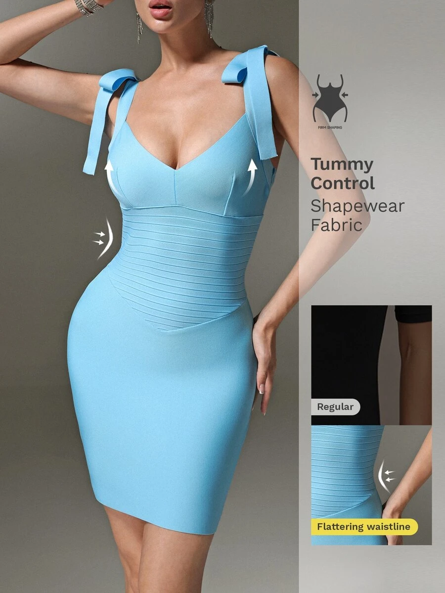 Nuvra Light Blue Sexy High Elastic Bodycon V-Neck Backless Braided Thick Strap Regular Women's Bandage Mini Dress Night Out Summer - Blue - View 1