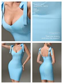 Nuvra Light Blue Sexy High Elastic Bodycon V-Neck Backless Braided Thick Strap Regular Women's Bandage Mini Dress Night Out Summer - Blue - View 6