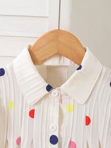 SHEIN Elladie kids 这款女童彩色波点印花纹理面料连衣裙，饰有粉色蝴蝶结，短款泡泡袖，彼得潘领，露背设计，休闲度假风，适合日常穿着、通勤和打造甜美造型。 - 杏色 - 查看 10