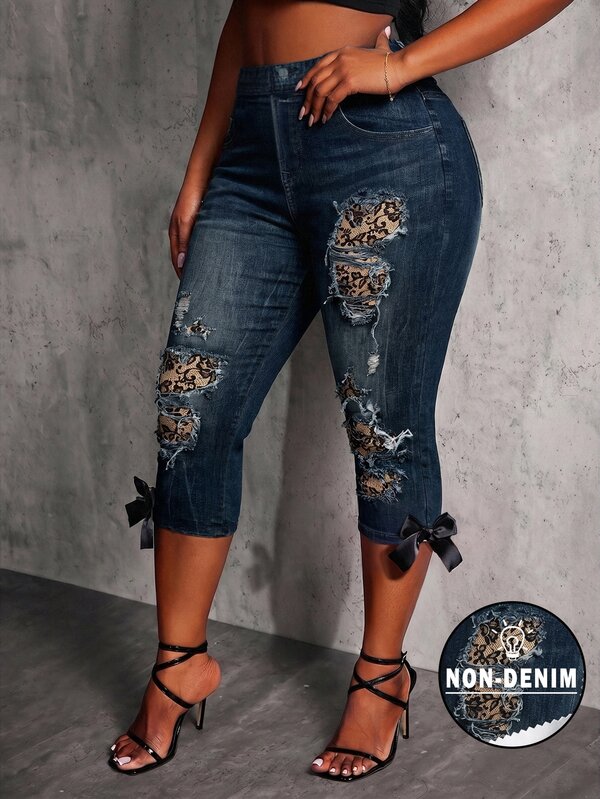 SHEIN SXY Women's Textured Print Leggings, Suitable For Music Festivals, Bow Decor Plus Size Leggings