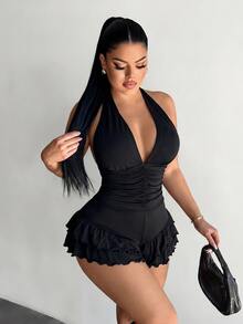 SHEIN SXY 大尺碼女款素色掛脖褶皺休閒日常外出連身褲 - 黑色 - 查看 5