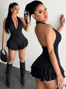 SHEIN SXY 大尺碼女款素色掛脖褶皺休閒日常外出連身褲 - 黑色 - 查看 2