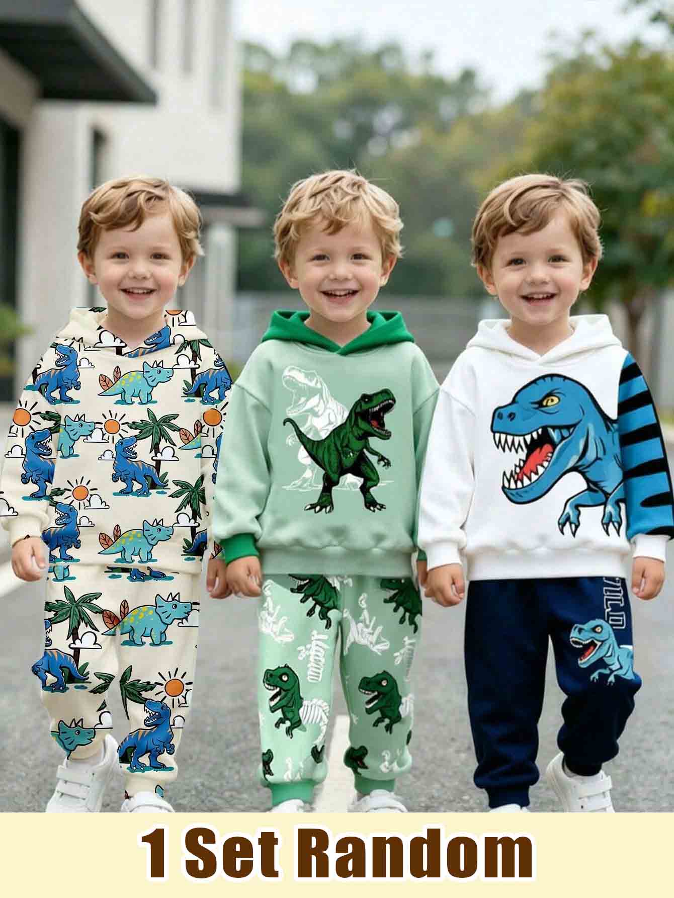 SHEIN (Randomly Ships 1 Of 3) Baby Boy Cute Casual Daily Sun Coconut Tree Dinosaur Patchwork Striped Pattern Basic Hoodie Sweatshirt & Sweatpants - Multicolor - View 1