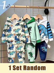 SHEIN (隨機發貨 3 款中的 1 款) 嬰兒男童可愛休閒日常款 太陽椰子樹恐龍拼接條紋圖案 基本款連帽衛衣與運動長褲套裝 - 彩色 - 查看 1