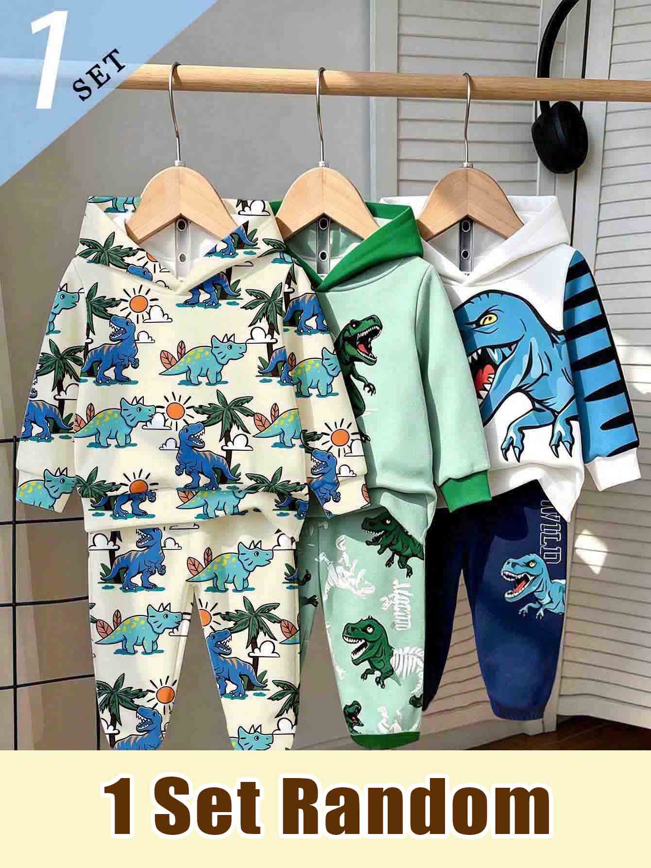 SHEIN (隨機發貨 3 款中的 1 款) 嬰兒男童可愛休閒日常款 太陽椰子樹恐龍拼接條紋圖案 基本款連帽衛衣與運動長褲套裝 - 彩色 - 查看 1