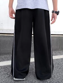 SHEIN 青少年男孩休閒拼接彈性腰寬鬆直筒長褲，街頭風沙灘開學穿搭 - 黑色 - 查看 3