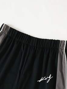 SHEIN 青少年男孩休閒拼接彈性腰寬鬆直筒長褲，街頭風沙灘開學穿搭 - 黑色 - 查看 7