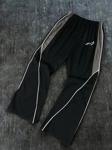 SHEIN 青少年男孩休閒拼接彈性腰寬鬆直筒長褲，街頭風沙灘開學穿搭 - 黑色 - 查看 8