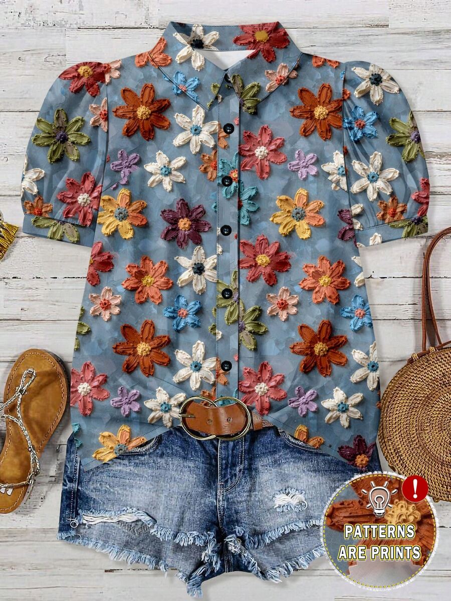 SHEIN LUNE 大码女式印花单排扣休闲百搭日常衬衫 - 彩色 - 查看 1
