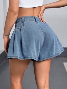 SHEIN EZwear 女士高腰褶皱阔腿宽松牛仔短裤 - 藍色 - 查看 2