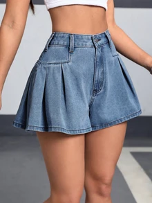 SHEIN EZwear 女士高腰褶皱阔腿宽松牛仔短裤 - 藍色 - 查看 3