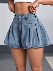 SHEIN EZwear 女士高腰褶皱阔腿宽松牛仔短裤 - 藍色 - 查看 5