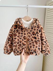 LMoss Kids Baby Girl Knitted Leopard Print Faux Fur Hooded Casual Jacket, Thermal Lined Brushed Thick Style, Suitable For Winter - Coffee Brown - View 8
