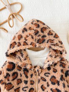 LMoss Kids Baby Girl Knitted Leopard Print Faux Fur Hooded Casual Jacket, Thermal Lined Brushed Thick Style, Suitable For Winter - Coffee Brown - View 5
