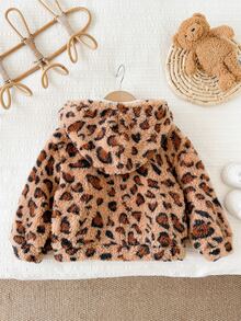 LMoss Kids Baby Girl Knitted Leopard Print Faux Fur Hooded Casual Jacket, Thermal Lined Brushed Thick Style, Suitable For Winter - Coffee Brown - View 2