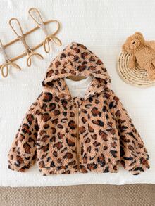 LMoss Kids Baby Girl Knitted Leopard Print Faux Fur Hooded Casual Jacket, Thermal Lined Brushed Thick Style, Suitable For Winter - Coffee Brown - View 3