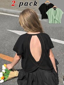 SHEIN Girlism 青少年女孩春夏兩件式休閒時尚露背交叉開背對比線條設計圓領插肩短袖寬鬆版型T恤，返校季，親子套裝 - 彩色 - 查看 9