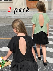 SHEIN Girlism 青少年女孩春夏兩件式休閒時尚露背交叉開背對比線條設計圓領插肩短袖寬鬆版型T恤，返校季，親子套裝 - 彩色 - 查看 4