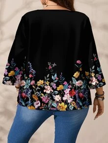 EMERY ROSE Plus Size Round Neck 3/4 Sleeve Floral Dark Color Blouse Suitable For Spring And Summer - Multicolor - View 2