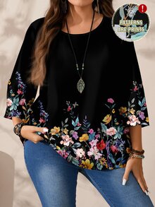 EMERY ROSE Plus Size Round Neck 3/4 Sleeve Floral Dark Color Blouse Suitable For Spring And Summer - Multicolor - View 1