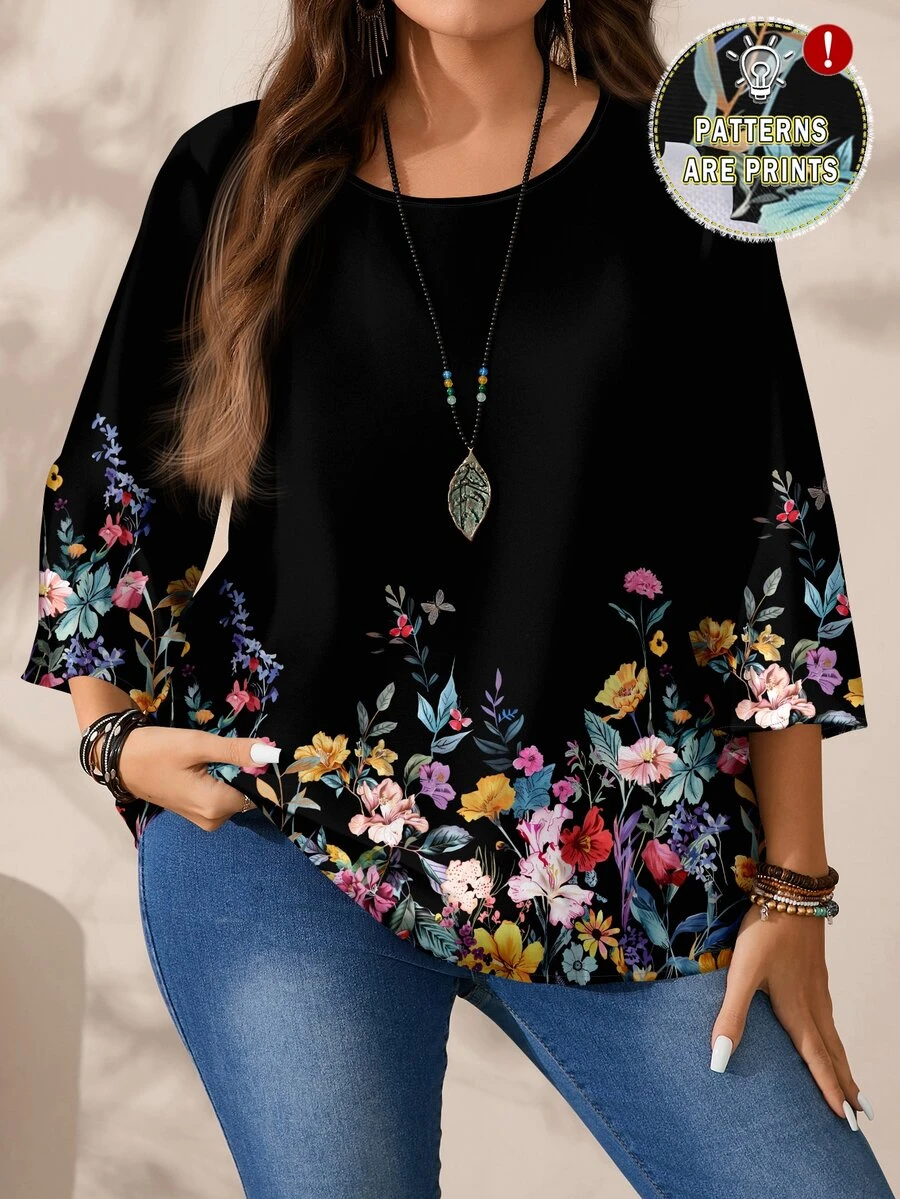 EMERY ROSE Plus Size Round Neck 3/4 Sleeve Floral Dark Color Blouse Suitable For Spring And Summer - Multicolor - View 1