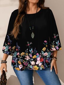 EMERY ROSE Plus Size Round Neck 3/4 Sleeve Floral Dark Color Blouse Suitable For Spring And Summer - Multicolor - View 4